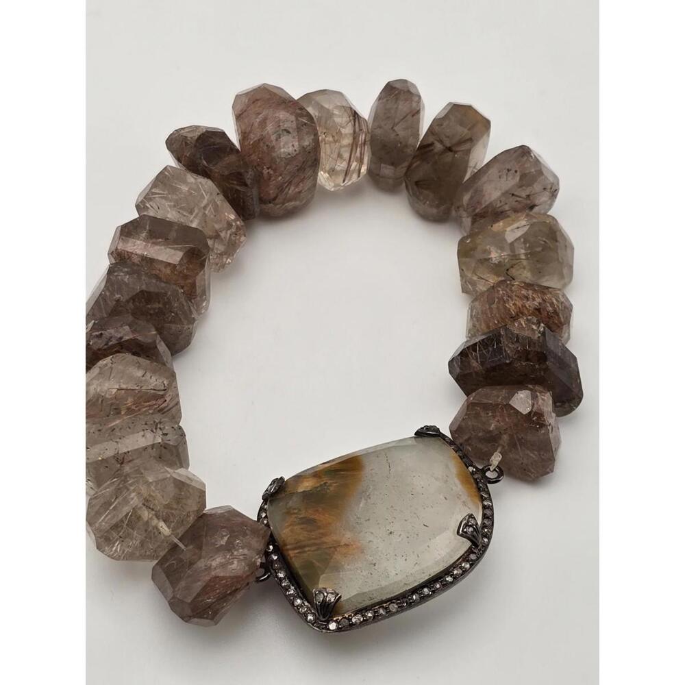 Sterling Diamond Bezel Bracelet w/ Rutilated Quartz